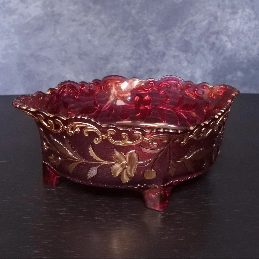 Antique Victorian US Glass Cranberry Flash Gold Floral Embossed Footed Bowl